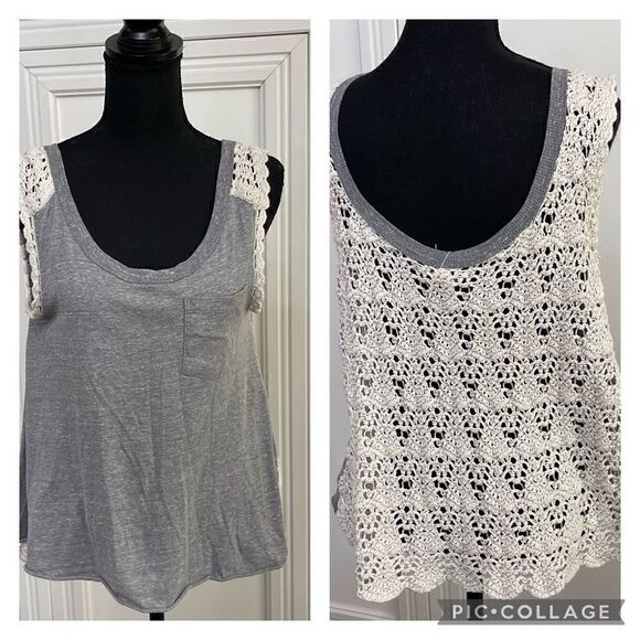 Free People heathered gray front and cream crochet back tank top size small - Picture 1 of 3